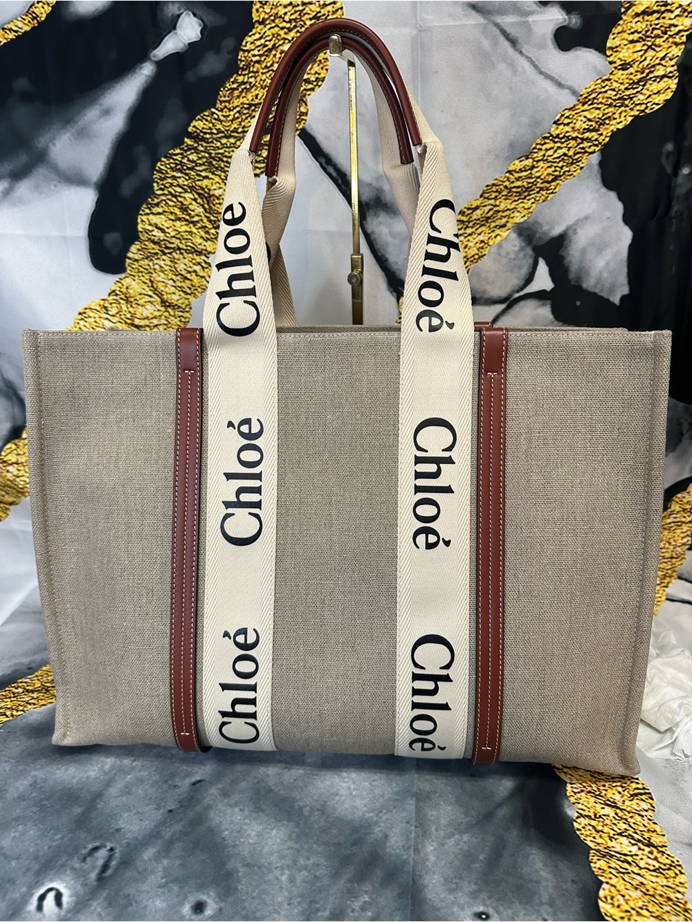 Large Chloé Canvas Tote with Logo Straps - Beige & Brown